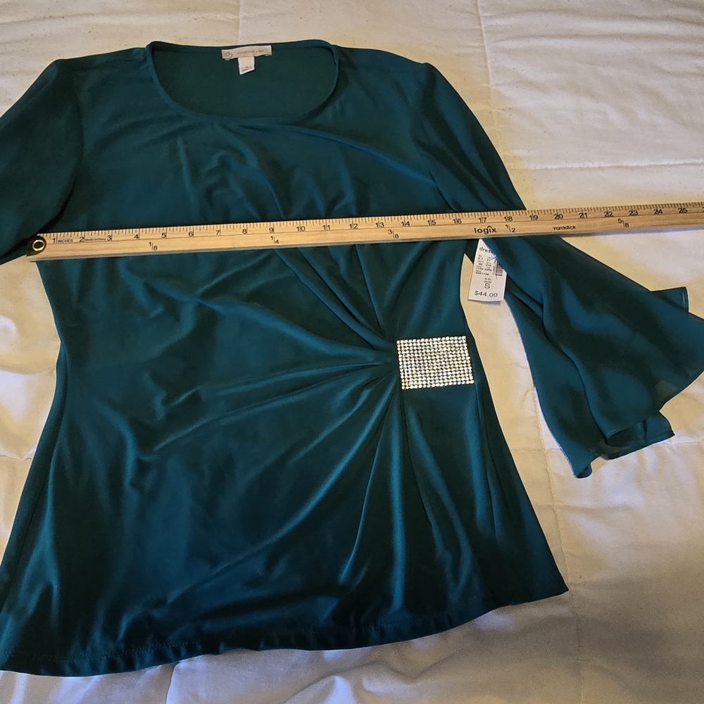 dressbarn Teal Blouse with Rhinestone Accent